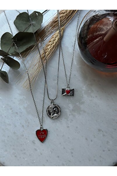 MİOSA 316L Kararmaz Çelik Rodyum Kaplama Madalyon/Mektup Zarfı Üçlü Kolye Seti