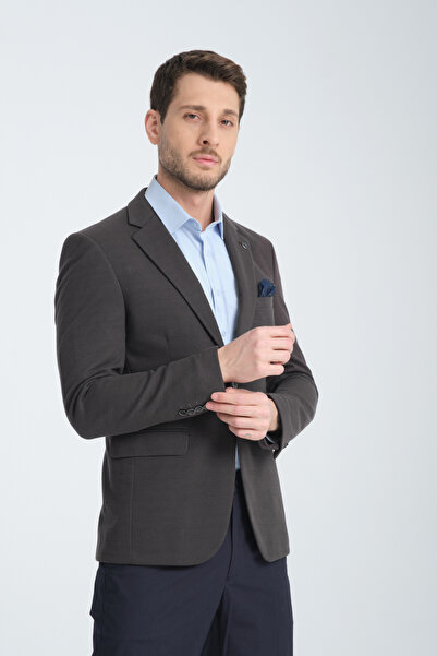 Frappoli Basure Erkek Koyu Gri Kendinden Desenli Esnek Kumaş Slim Fit Dar Kesim Blazer Ceket