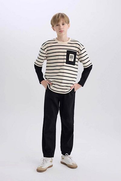 DeFacto Pantaloni negri pentru băiat cu talie și buzunare cu șireturi B6713a8/bk81