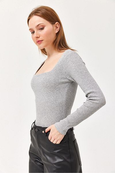 CALİENTE Square Collar Cotton Blouse Gray