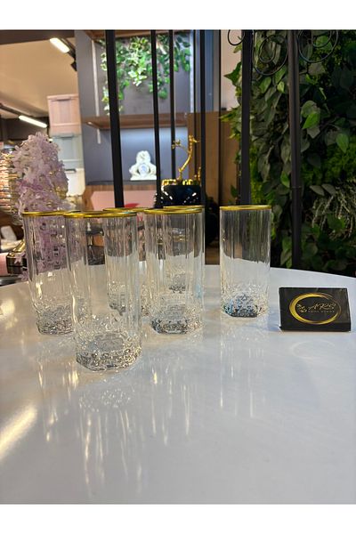 Paşabahçe Ars Pasabahce Valse 6 Pcs Gold Gilded Glass Water Cup, Soft Drink - Soda Glass,