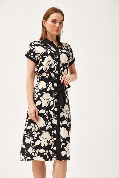 CALİENTE Rochie cămașă din viscoză țesută cu mini curea florală neagră