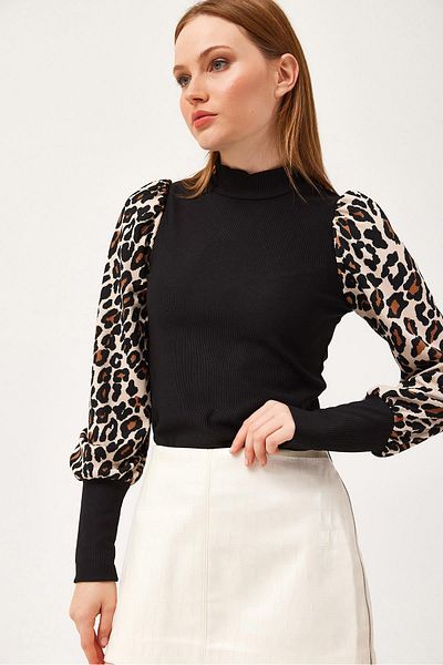 CALİENTE Ottoman Fabric Leopard Pattern Blouse Black