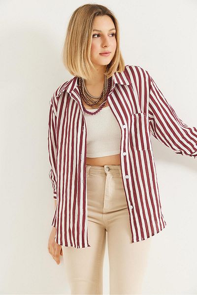 CALİENTE Cămașă oversize cu model de dungi cu o singură buzunar Roșu Claret