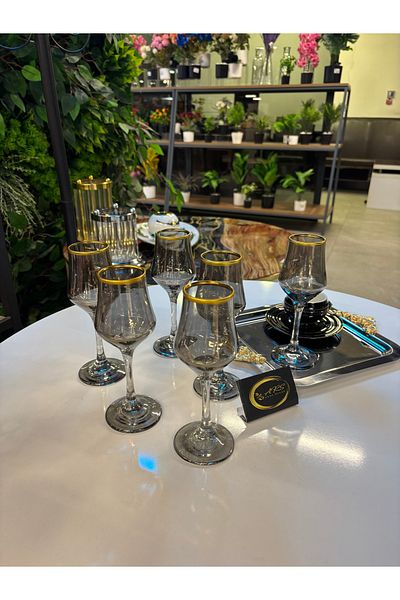 Paşabahçe Ars Pasabahce Grappa Smoked Color Gold Gilded 6 Coffee Side Water Glass, Soft Drink-Soda Glass