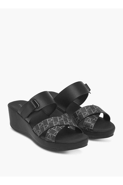 Paprika Monogram Print Slip-On Cross-Strap Sandals with Wedge Heel