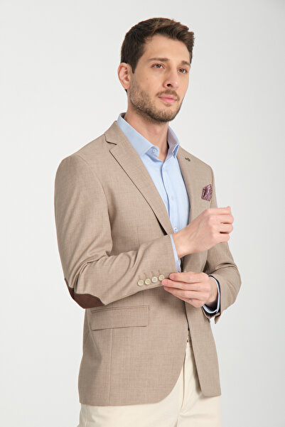 Frappoli Drs Pieros Erkek Vizon Pamuk Karışımlı Slim Fit Dar Kesim Dirseği Süetli Dört Mevsim Blazer Ceket