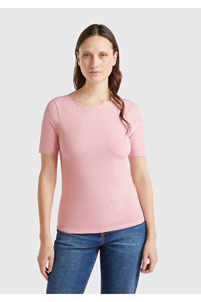 United Colors of Benetton Γυναικείο μπλουζάκι με φαρδύ γιακά από βαμβακερό πλεκτό ροζ χρώμα
