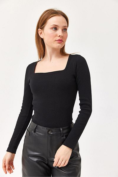 CALİENTE Square Neck Cotton Blouse Black