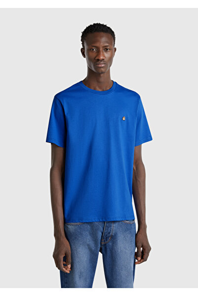 United Colors of Benetton Ανδρικό μπλουζάκι Saks Blue 100% Cotton Benetton Logo Crew Neck T-shirt