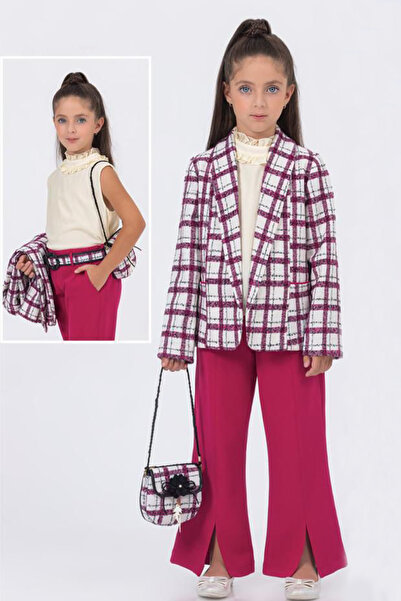 HÇM KIZ ÇOCUK 3 LÜ TAKIM CEKETLİ ÇANTA EKOSE DESENLİ A64