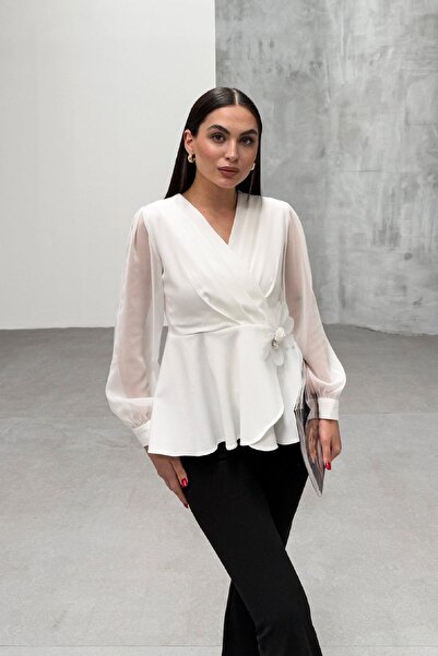 RB CLUB Γυναικεία Μπλούζα Σιφόν με λουλουδάτο λεπτομέρεια