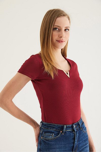 CALİENTE Collar V Detail Short Sleeve Camisole Blouse Claret Red