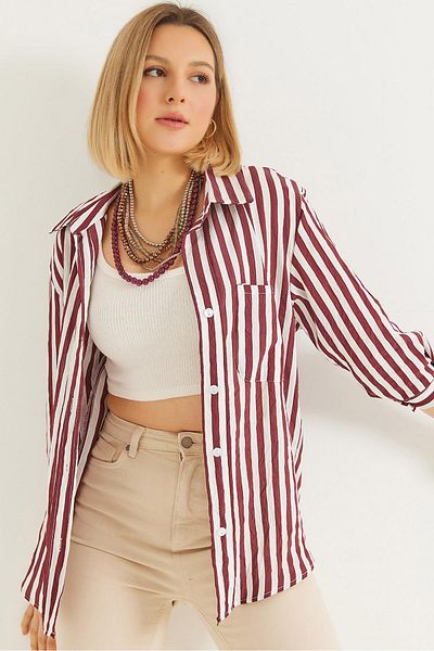 CALİENTE Cămașă oversize cu model de dungi cu o singură buzunar Roșu Claret