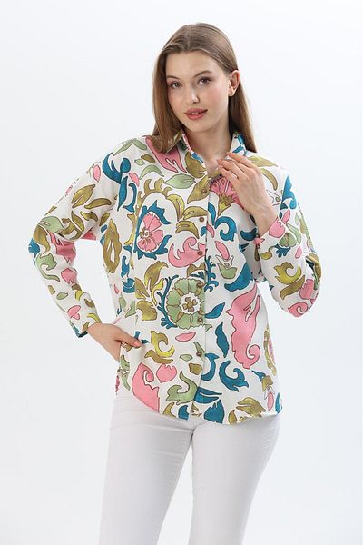 CALİENTE Patterned Loose Linen Shirt Pink