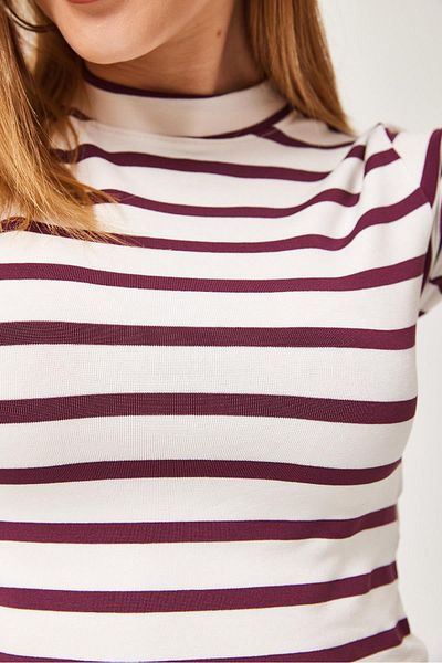 CALİENTE Striped Crew Neck Crop Blouse Purple