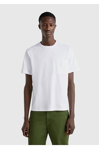 United Colors of Benetton Мъжка бяла тениска с джобове и нашийници, 100% памук