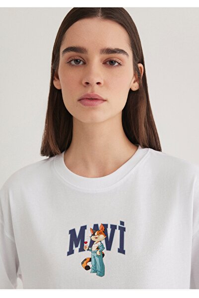 Mavi White Crop Cut T-Shirt with Cat Logo Print