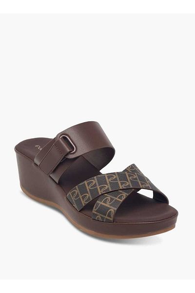 Paprika Monogram Print Slip-On Cross-Strap Sandals with Wedge Heel
