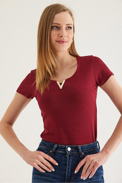 CALİENTE Collar V Detail Short Sleeve Camisole Blouse Claret Red