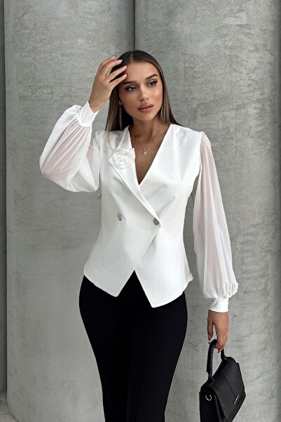 RB CLUB Bluză de damă din șifon cu mâneci cu trandafiri cu guler