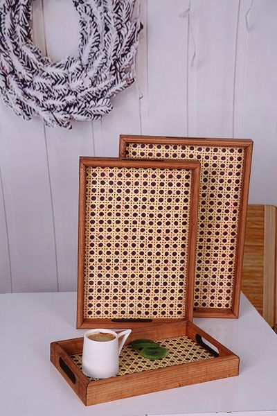 Deseja Wooden Dark Rattan Printed 3 Sizes Serving Presentation Tray Tableware for Kitchen