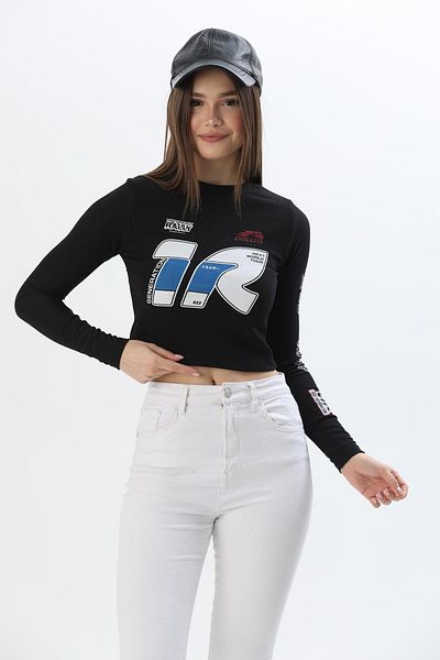 CALİENTE Printed Slim Ribbed Crop Ottoman Blouse Black