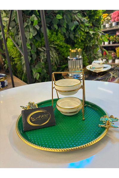 ARS HOME DEKOR Gold Gilded Porcelain Single Mini Turkish Delight Bowl with Two Tiers Stand, Sugar Bowl, Sauce Bowl, Bowl, Presentation Bowl, Modern