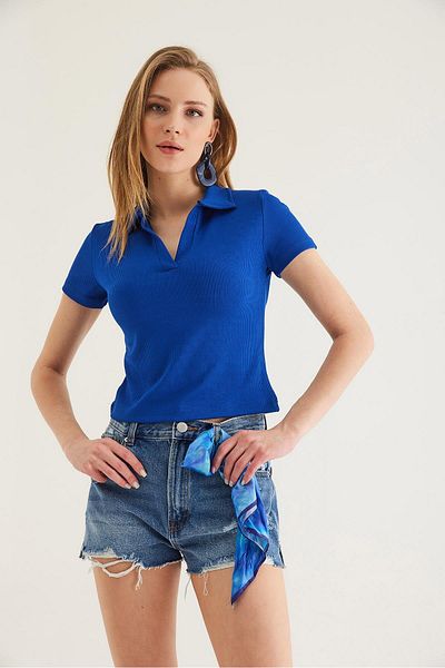 CALİENTE Polo Neck Women's Short Sleeve Blouse Saks