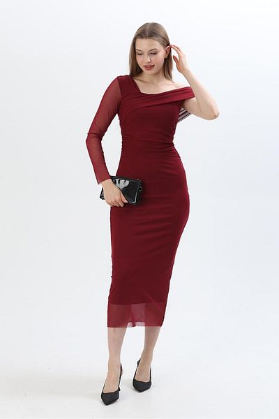 CALİENTE Rochie cu guler asimetric cu mâneci din tul Bordeaux
