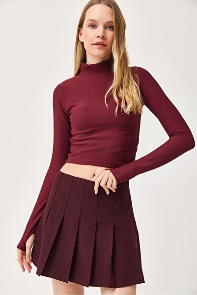 CALİENTE Stretchy Knitted Blouse with Finger Detail Claret Red