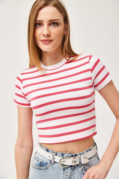 CALİENTE Striped Crew Neck Crop Blouse Pink