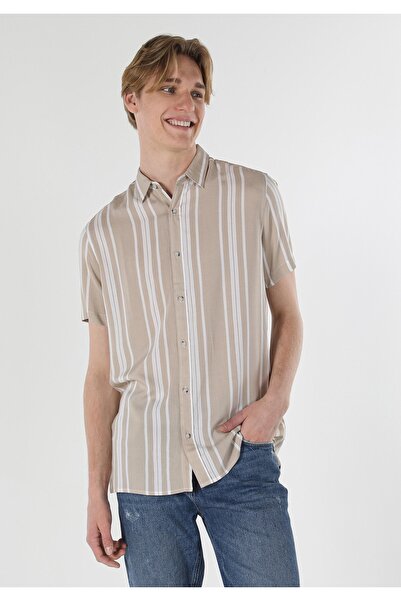 Colin's Regular Fit Shirt Neck Çizgili Erkek Bej Kısa Kol Gömlek