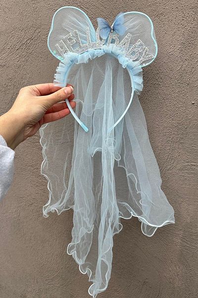 TAKIŞTIR تاج مكتوب عليه Hello Baby باللون الأزرق مع تفاصيل من التول