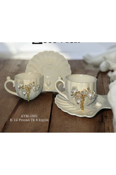 decovien 6 Person 12 Piece Porcelain Oyster Model Cup Set with Pearls (for Turkish Coffee)