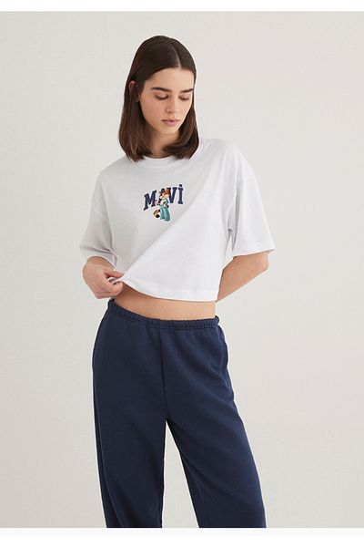 Mavi tricou crop alb cu imprimeu cu logo-ul pisicii