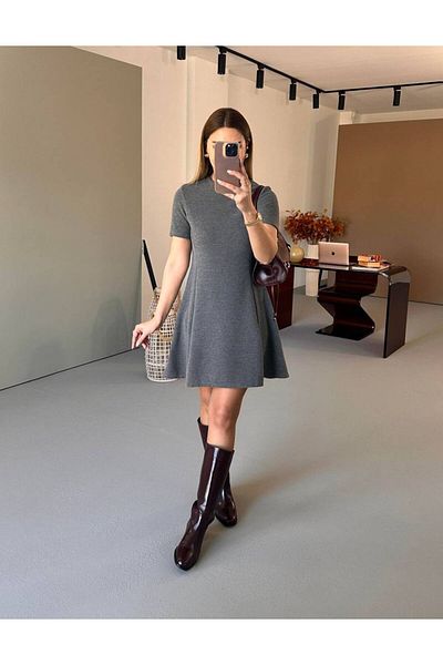 momchi Short Sleeve Ribbed Soft Melange Gray Bell Dress
