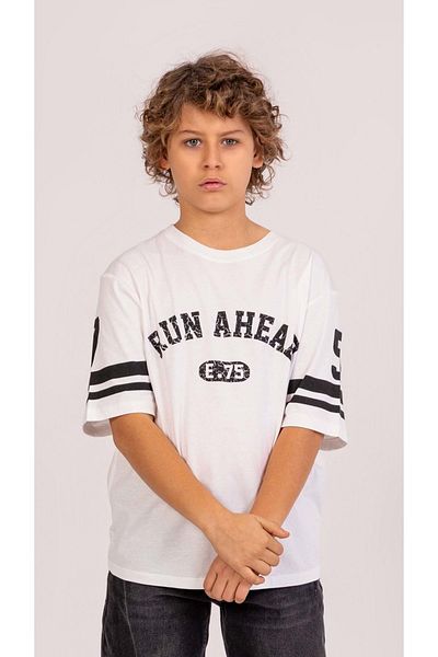 wakawakakidsstore Tricou pentru băiat cu gât crew cu mâneci imprimate în față