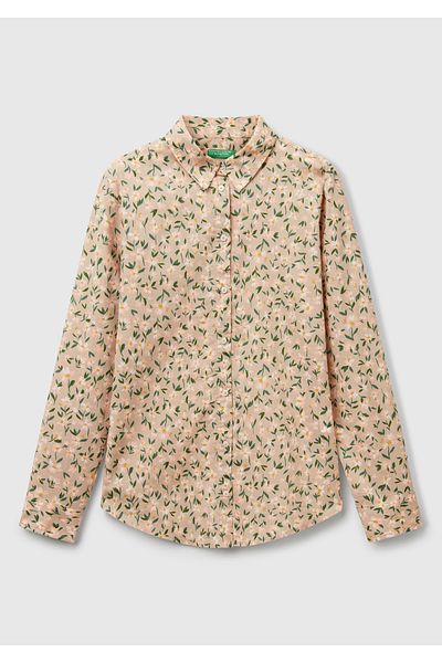 United Colors of Benetton Women's Beige-Green 100% Cotton Patterned Cuffed Regular Fit Muslin Shirt