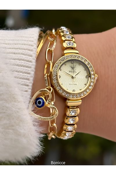 Fiesta Chain Steel Cord, Wedding, Engagement, Elegant Model Yellow Color Wrist Watch+Evil Eye Beaded Bracelet