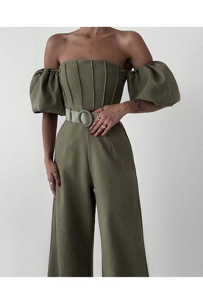 FASHION COCKTAIL Mâneci bufante, curea, bretele, buzunare, picior lat spaniol, talie înaltă, cocktail de noapte, invitație, salopetă lungă de vară