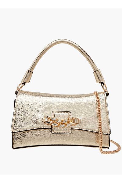 Paprika Embellished Satchel Bag with Chain Strap and Magnetic Button Closure