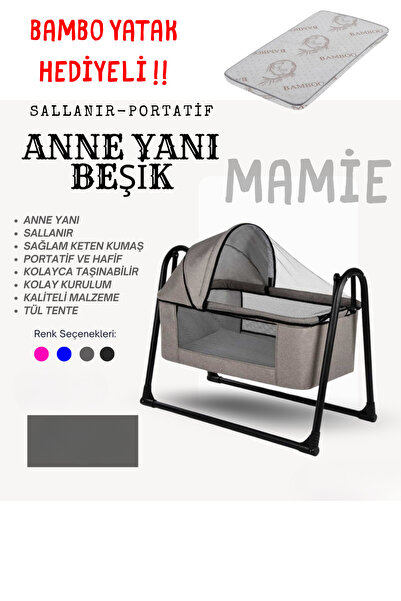 mamie Mio Keten Fileli Portatif Sallanır Anne Yanı Beşik Sepet Hamak Beşik BA...