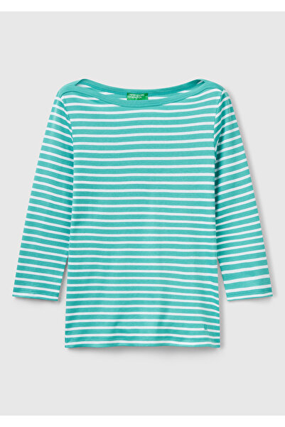 United Colors of Benetton Γυναικείο μπλουζάκι μπλε 100% βαμβακερό ριγέ λογότυπο με λαιμόκοψη με μανίκια τριών τετάρτων