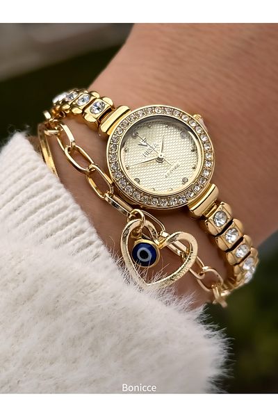 Fiesta Chain Steel Cord, Wedding, Engagement, Elegant Model Yellow Color Wrist Watch+Evil Eye Beaded Bracelet