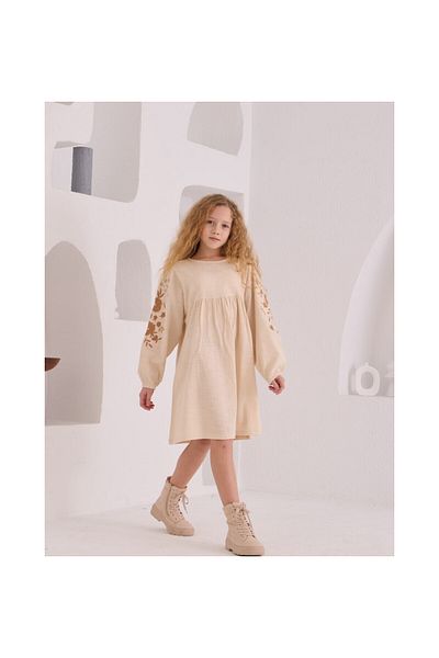 CİCHLİD Girl's Linen Dress with Embroidered Sleeves