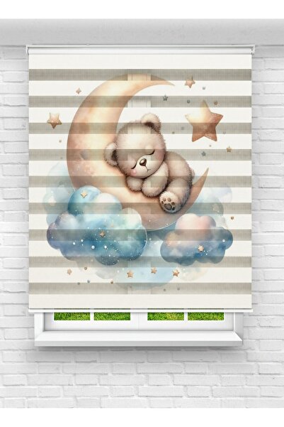 akel collection Ay ve Bulut Üzerinde Uyuyan Ayıcık Desenli Baskılı Zebra Stor...