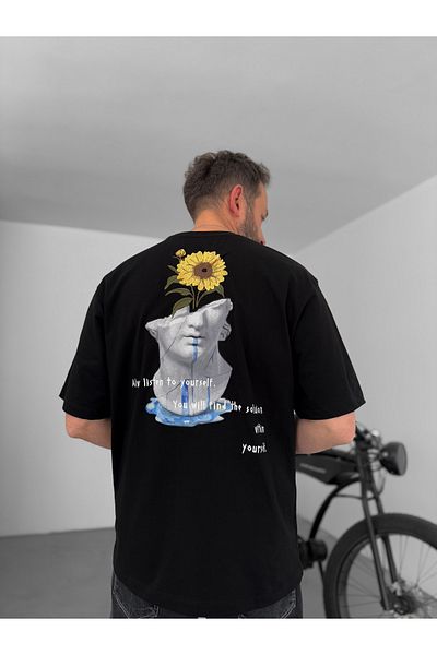 BYBASICMAN Black Back Floral Embroidered Oversize T-Shirt Yp-5049