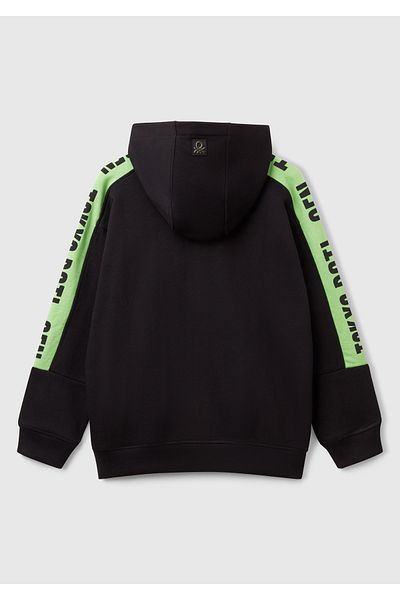 United Colors of Benetton Hanorac cu glugă cu fermoar, cu mâneci negre, cu imprimeu pentru băiat