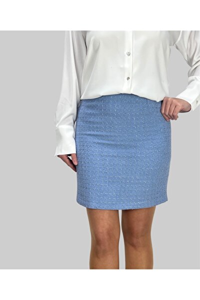 ABAS Tüvit Kumaş Mavi Mini Boy Astarlı Düz Etek